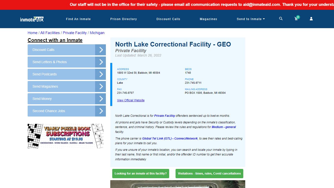 North Lake Correctional Facility - GEO - Inmate Search ...